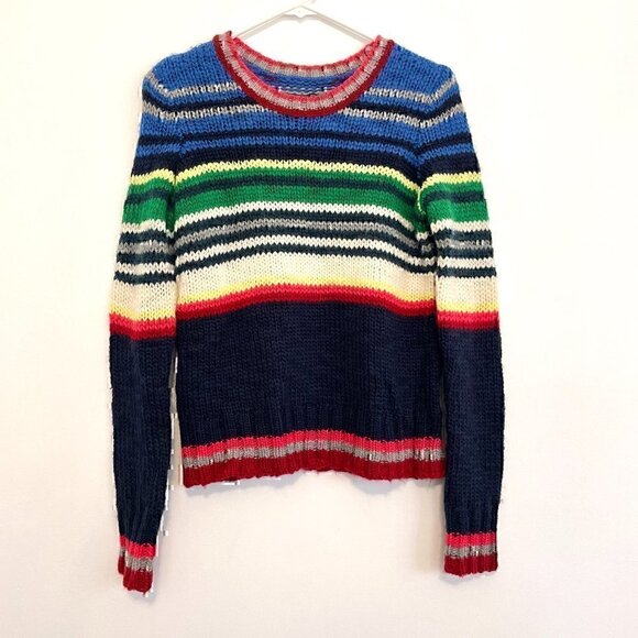 AMERICAN EAGLE Rainbow Navy Cream Striped Chunky Knit WOOL Etc Crew Neck Sweater - Picture 2 of 12